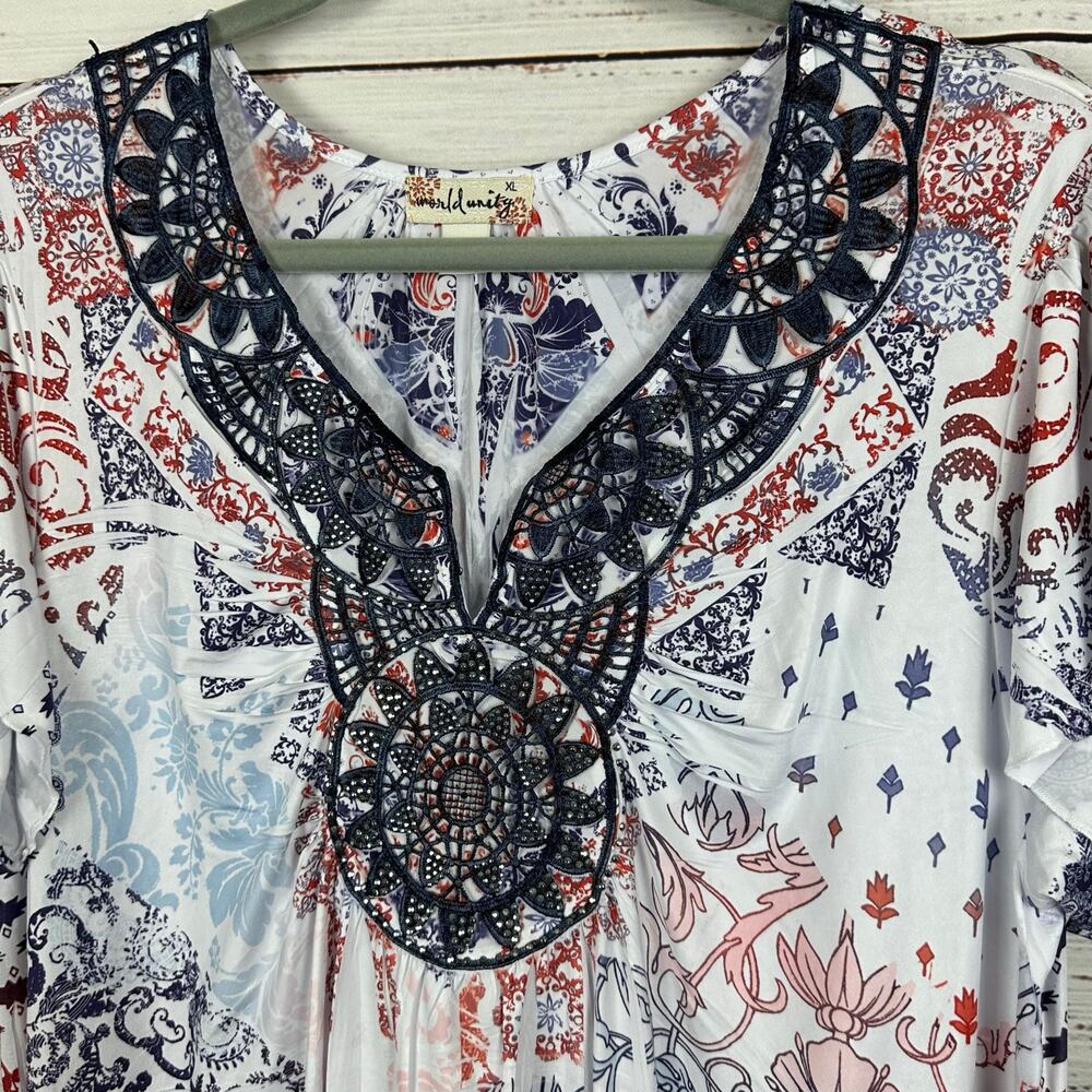 World Unity Multicolor Boho Tunic Embellished Handkerchief Hem Stretch Womens XL